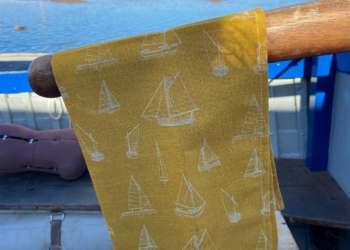 Sailing boats tea towel in ochre
